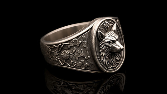 复古银色金属质感立体狼头戒指背景图片