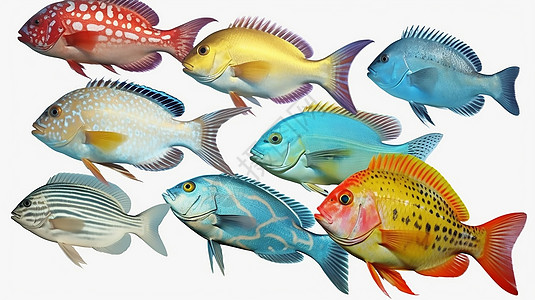 海洋观赏鱼色彩艳丽的热带鱼插画