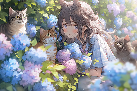 夏天绣球花丛中的女孩与猫背景图片