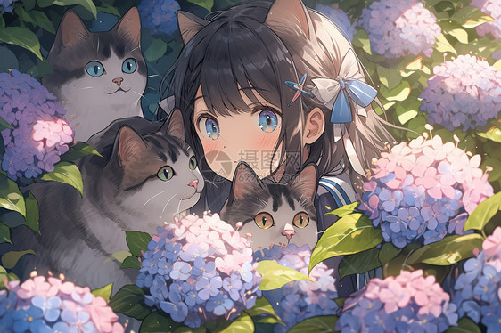 可爱的女孩和猫在绣球花丛中图片
