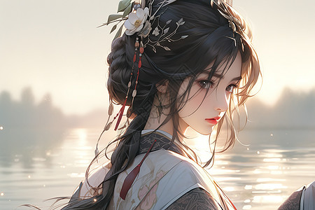 池塘边精致头饰中国汉服美女背景图片
