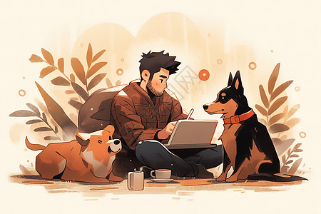 专心工作男人和他的宠物狗图片