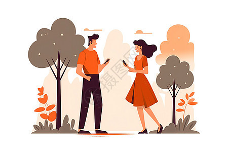 公园里男人用手机接近年轻女子平面插图图片