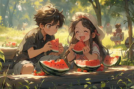 男孩和女孩在吃西瓜夏天可爱卡通场景图片