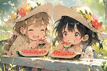 两个女孩闺蜜开心吃西瓜夏天夏至图片