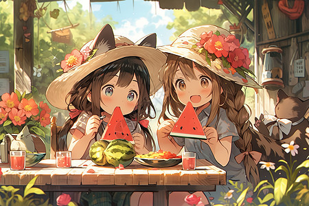 两个女孩闺蜜开心吃西瓜夏天夏至图片