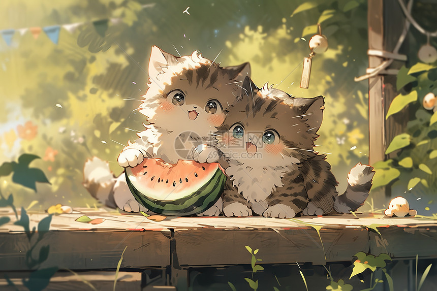 一群小猫咪在吃西瓜夏天夏至图片