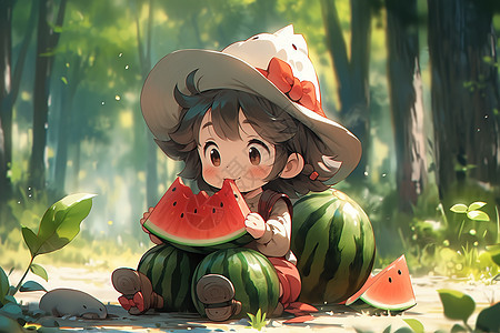夏天阳光森林里开心吃西瓜的女孩图片