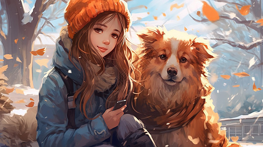 冬日可爱少女抱着小狗图片