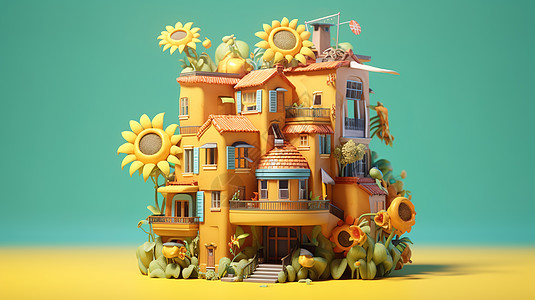 房屋3D模型卡通房屋建筑微缩模型插画