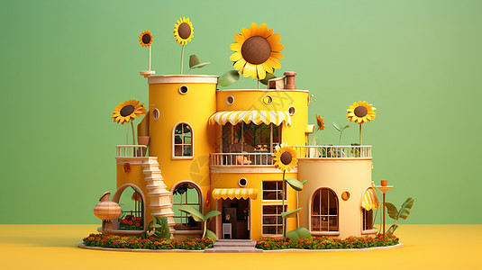 房屋3D模型卡通可爱微缩房屋建筑3D模型插画