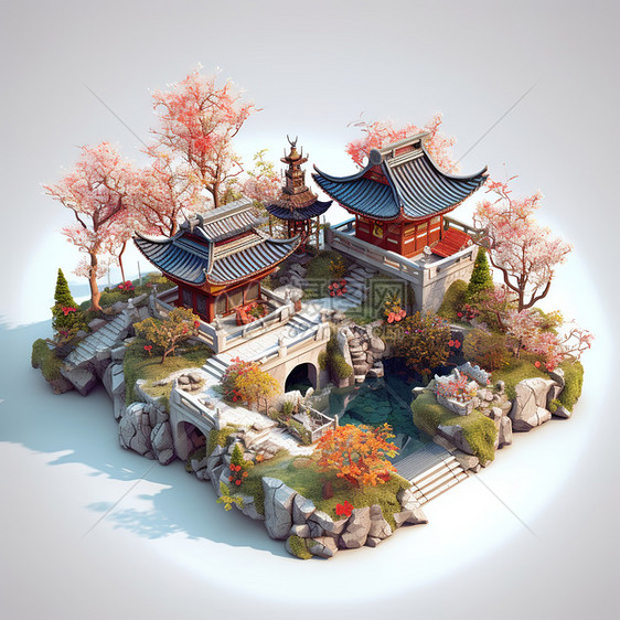 中式庭院等距景观模型图片