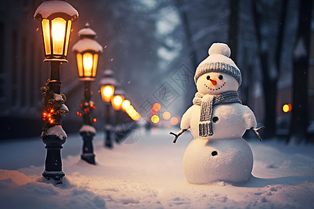街上装饰的圣诞树美丽的雪人图片
