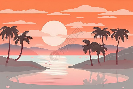 粉色棕榈树海滩夏日插画图片