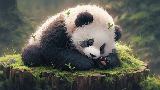 可爱的熊猫坐在木桩上图片