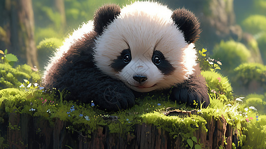 可爱的熊猫趴在草地上图片