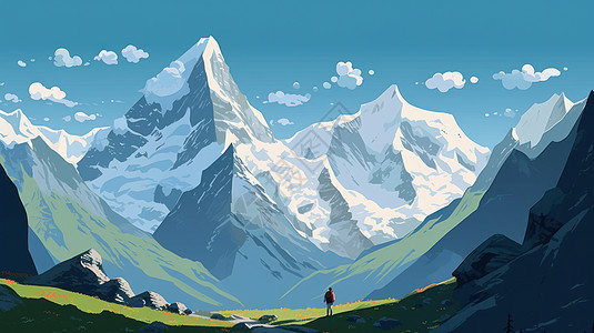 一个人站在优美的高高的雪山脚下卡通风景全景数字艺术图片