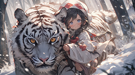 冬天一个可爱的卡通女孩依偎在凶猛大老虎旁图片