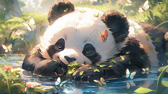 趴在河边睡着了的可爱的卡通大熊猫背景图片