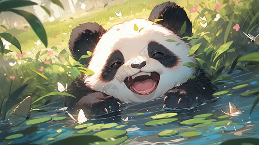 夏天在河水中嬉戏的可爱卡通大熊猫背景图片