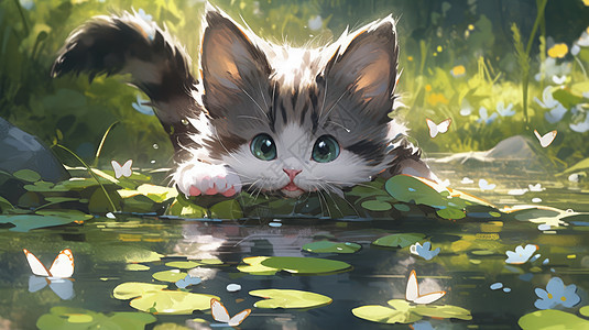 可爱的卡通小猫趴在河边看蝴蝶图片