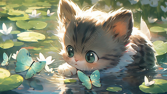 在水中与蝴蝶嬉戏的可爱大眼睛卡通猫图片