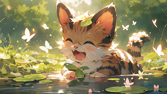 在水中捉蝴蝶的可爱的卡通小狸花猫背景图片