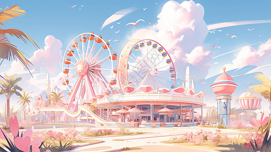 蓝蓝的天空下梦幻卡通粉色游乐场图片
