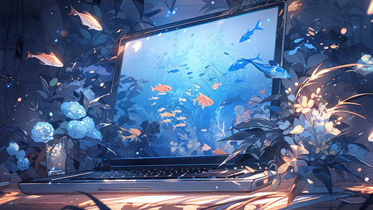 卡通笔记本电脑可爱的小鱼从屏幕中游出来图片