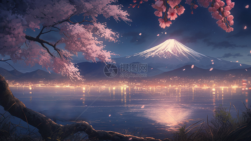傍晚远处被照亮的雪山樱花卡通唯美风景图片