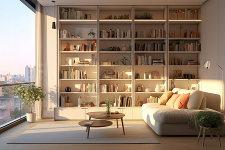 室内软装设计带书柜的书房奶油风室内设计插画