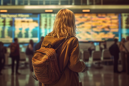 在机场的飞机女游客在机场查看航班时刻表插画