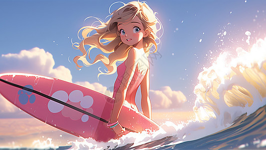 拿着粉色冲浪板站在大海中的长发卡通女孩图片