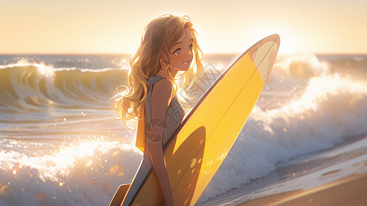 抱着黄色冲浪板的卡通女孩走在沙滩上图片