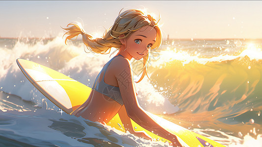 在大海上冲浪的金发卡通女孩图片