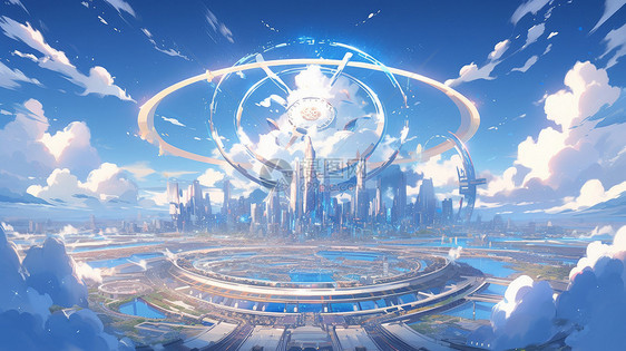 蓝天白云下科幻的卡通城市上空一个圆形环图片