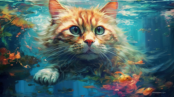 可爱的小橘猫在水里游泳图片