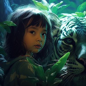 可爱的女孩跟老虎在森林里图片