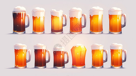 多个装满啤酒的卡通玻璃杯图片