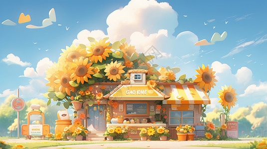 云朵下房顶满是向日葵花朵的可爱卡通小商店背景图片