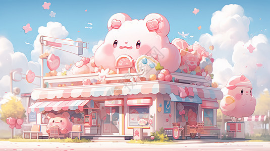 可爱的粉色萌宠卡通小商店背景图片