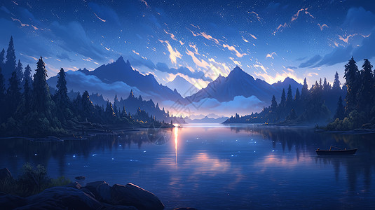 梦幻夜晚幽静的湖面上一艘小船与远处的高山图片