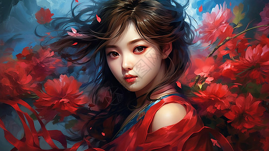 中国风新娘穿红色衣服优雅喜庆的长发女孩，插画