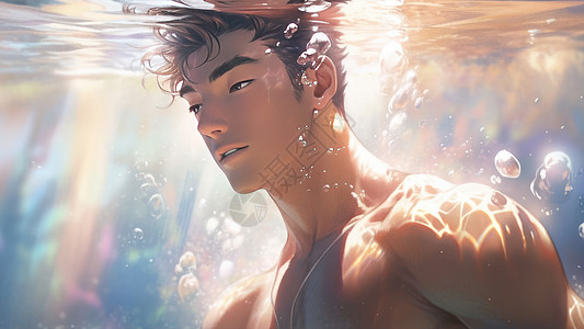 潜水男人阳光肌肉卡通男青年在水下潜水插画