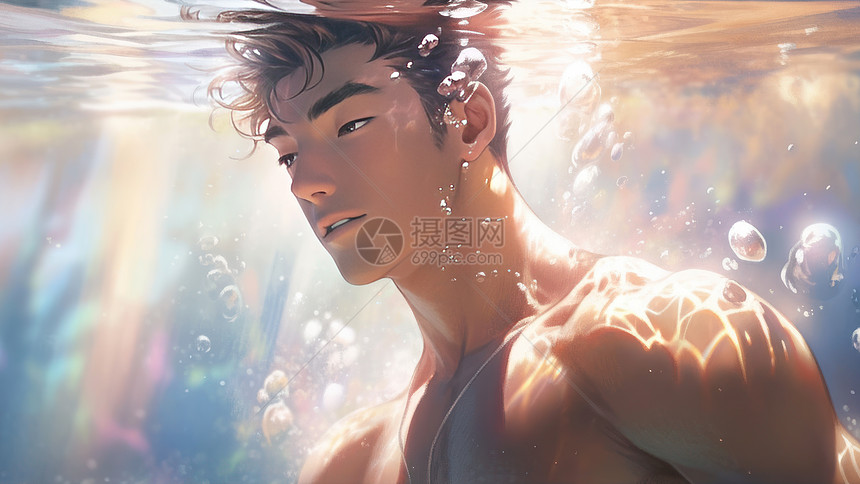 阳光肌肉卡通男青年在水下潜水图片
