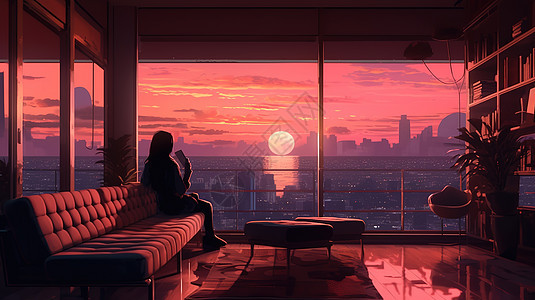 女孩坐在沙发上享受城市日落美景图片