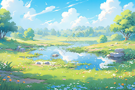 夏日灿烂的阳光下蓝天草地湖泊场景插画图片
