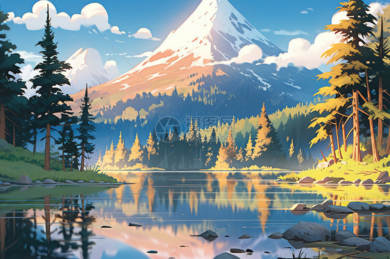 旅游雪山下的湖泊卡通插画图片
