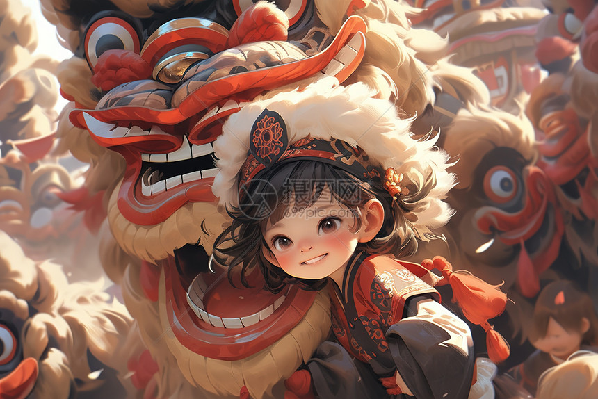 小女孩与舞狮中国风插画图片