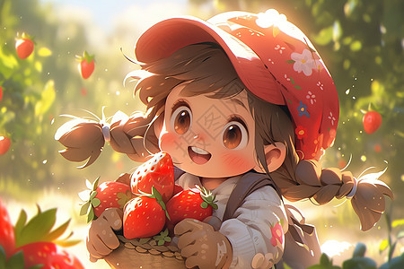 可爱卡通小女孩抱着草莓图片
